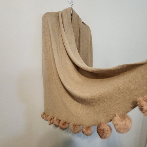 Marshall Fields Cashmere Scarf  rabbit fur pompoms  30 x 79 2 repaired holes - Picture 4 of 7